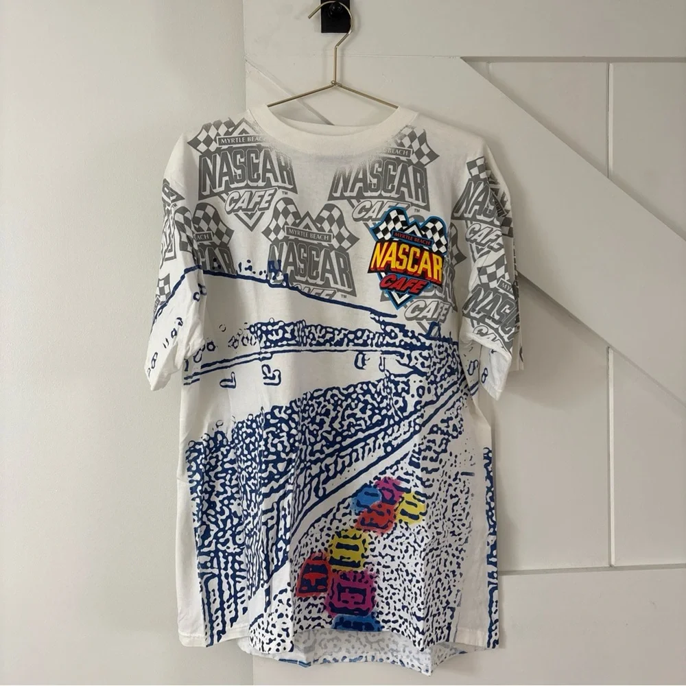 Vtg NASCAR Cafe Myrtle Beach Racing All Over Print 2 Sided T Shirt Size Large - Picture 1 of 11